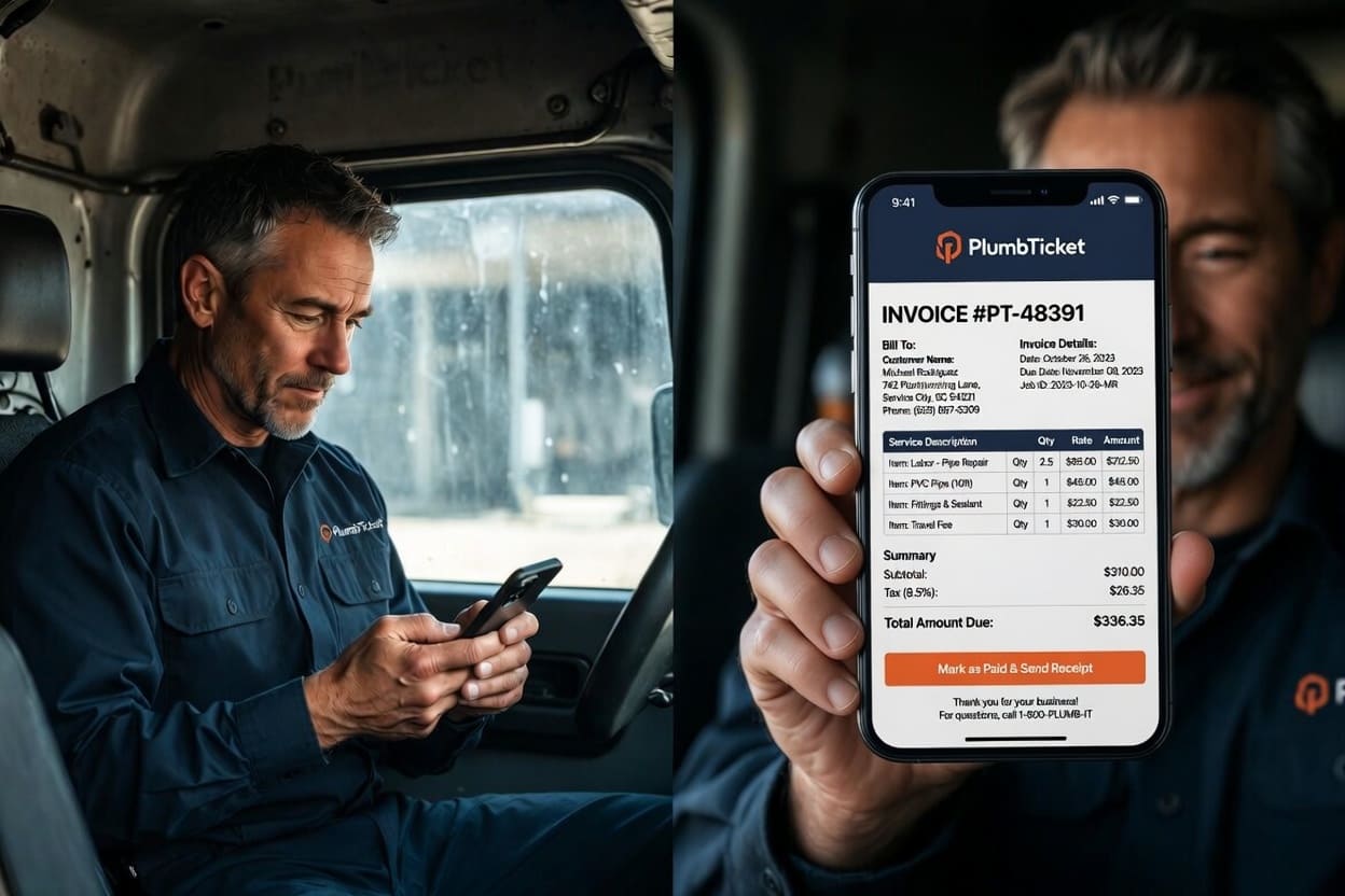 Plumber holding a phone showing the Plumber Ticket app