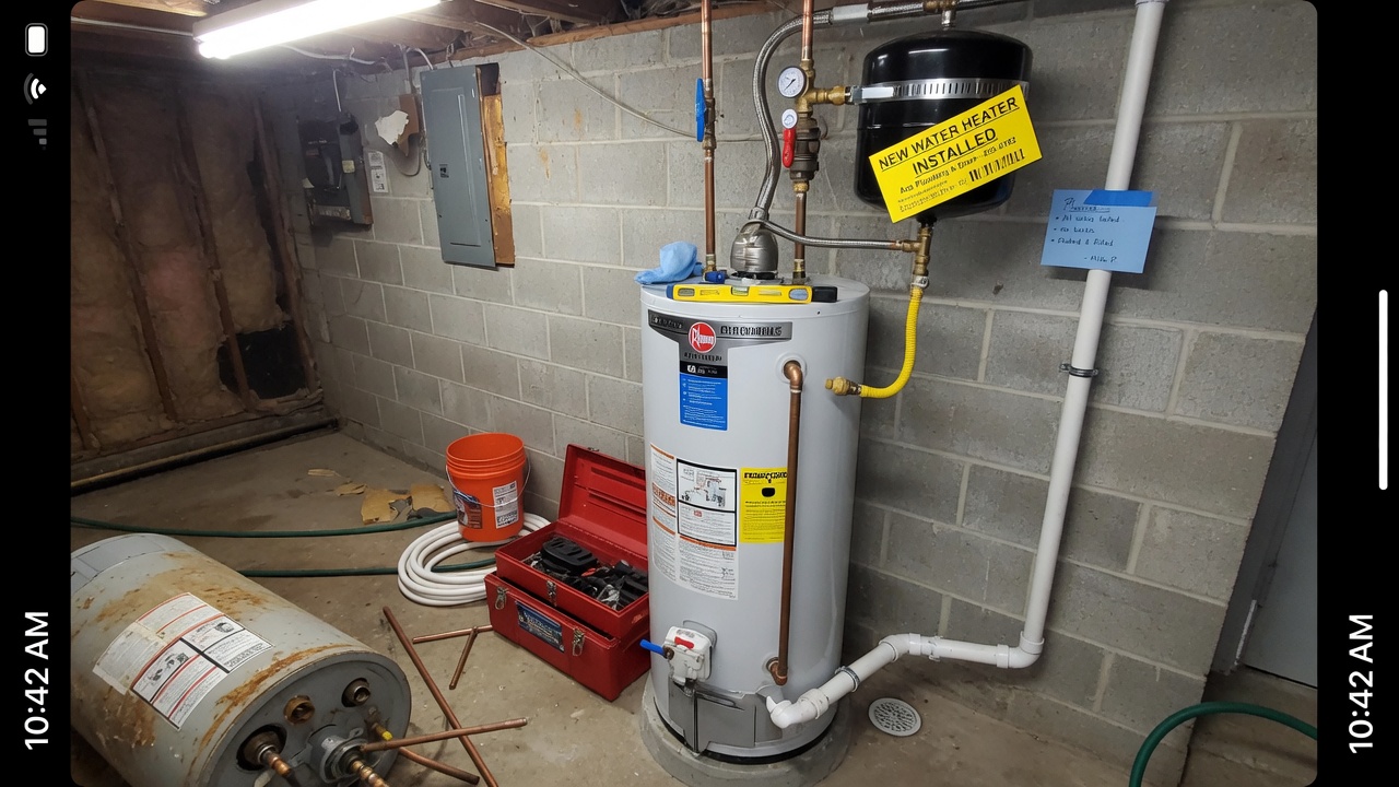 Completed plumbing work — water heater installation